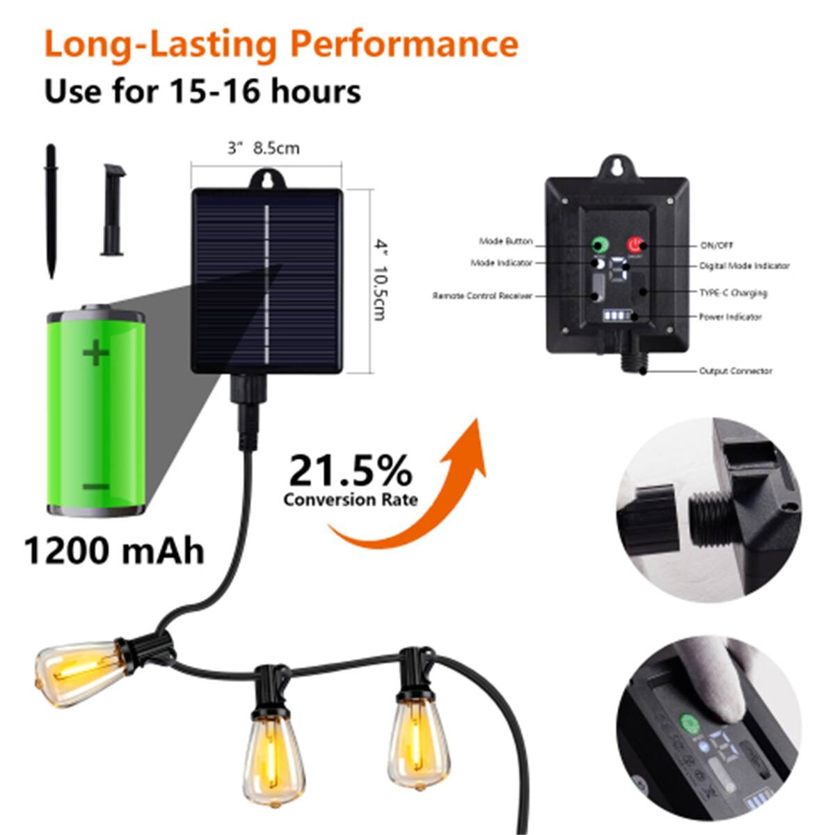Long-Lasting Performance  
Use for 15-16 hours  

3" 8.5cm  
4" 10.5cm  

Mode Button  
Mode Indicator  
Remote Control Receiver  
ON/OFF  
Digital Mode Indicator  
TYPE C Charging  
Power Indicator  
Output Connector  

21.5% Conversion Rate  
1200 mAh