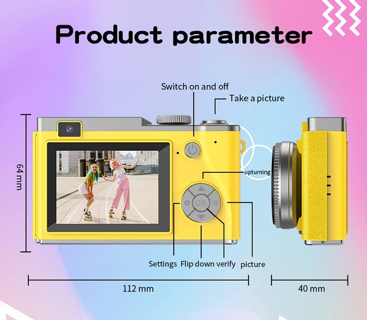 Product parameter

- Switch on and off
- Take a picture
- 64 mm
- Settings
- Flip down verify picture
- 112 mm
- Upturning
- 40 mm