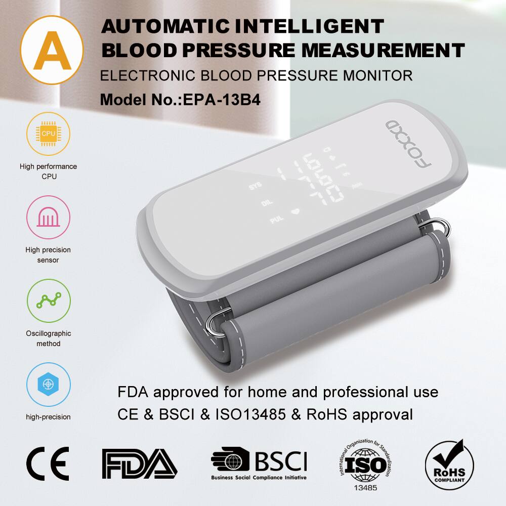 **AUTOMATIC INTELLIGENT BLOOD PRESSURE MEASUREMENT**

**ELECTRONIC BLOOD PRESSURE MONITOR**

**Model No.: EPA-13B4**

- High performance CPU
- High precision sensor
- Oscillographic method
- High-precision

**FDA approved for home and professional use**

**CE & BSCI & ISO13485 & RoHS approval**

**CE**  
**FDA**  
**BSCI**  
**ISO 13485**  
**RoHS COMPLIANT**