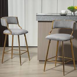 HTUTWOO - Bar Stools Set of 2, Corduroy Upholstered Counter Height Chairs with Curved Back and Footrest for Kitchen Island, Pub - Gray