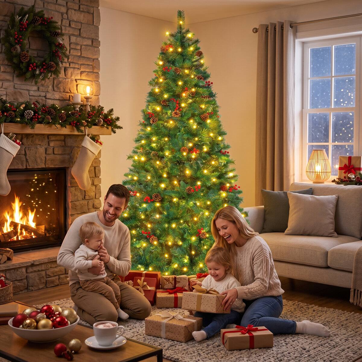 Angle. Wisairt - 6FT Pre-Lit Artificial Christmas Tree, 825 Tips Full Green Pine with 250 LED 11 Modes - Green.