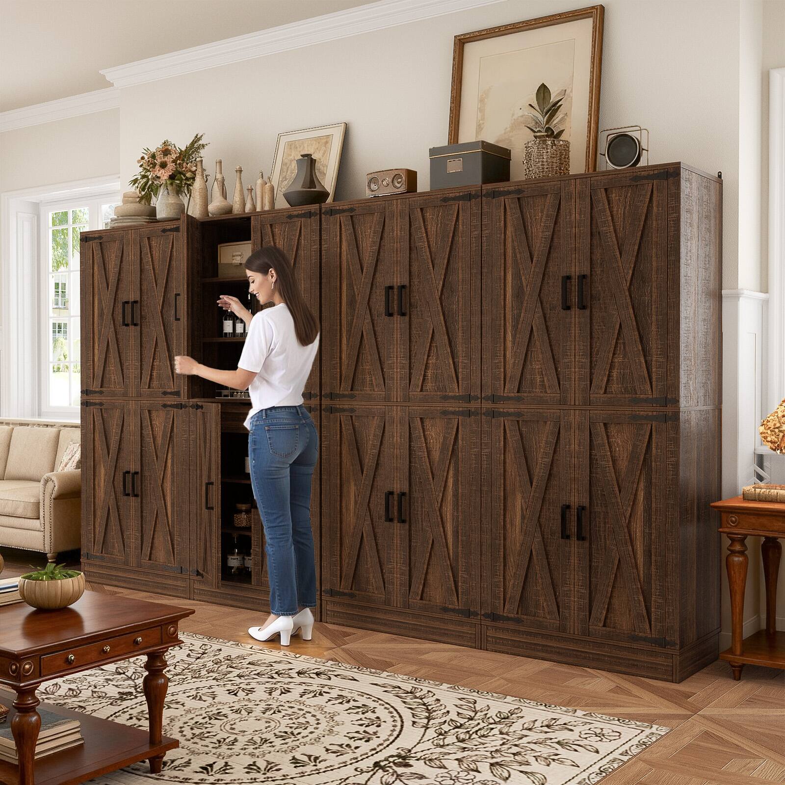 Alt View 1. Aheaplus - 71'' Tall Farmhouse Pantry Storage Cabinet with 4 Barn Doors and Drawer, Cupboard with Adjustable Shelves, 2 Piece Set - Retro Brown.