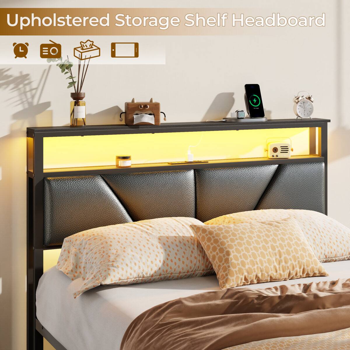 Upholstered Storage Shelf Headboard
