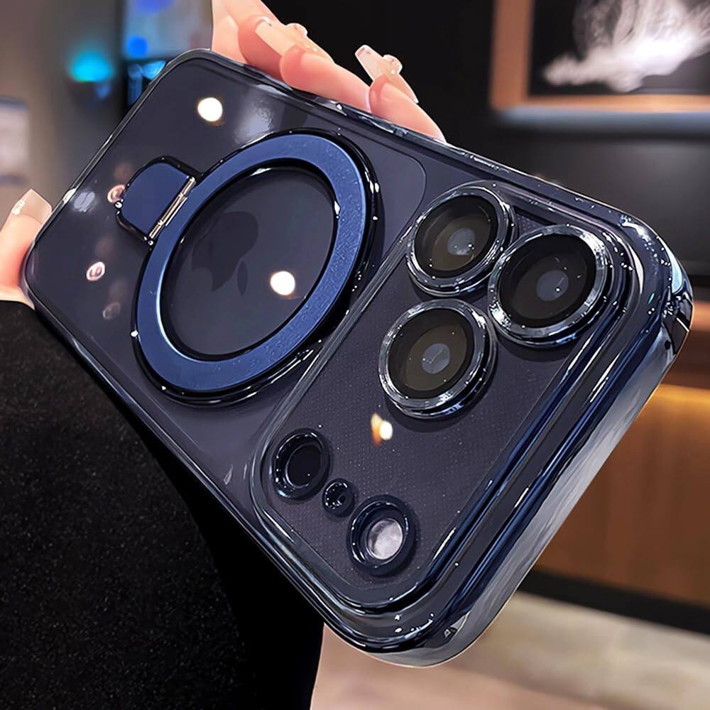 Left. Dteck - Magnetic Ring Stand Case for iPhone 17 Pro Max, Compatible with MagSafe, Clear Back Phone Cover Full Camera Lens Cover - Blue.