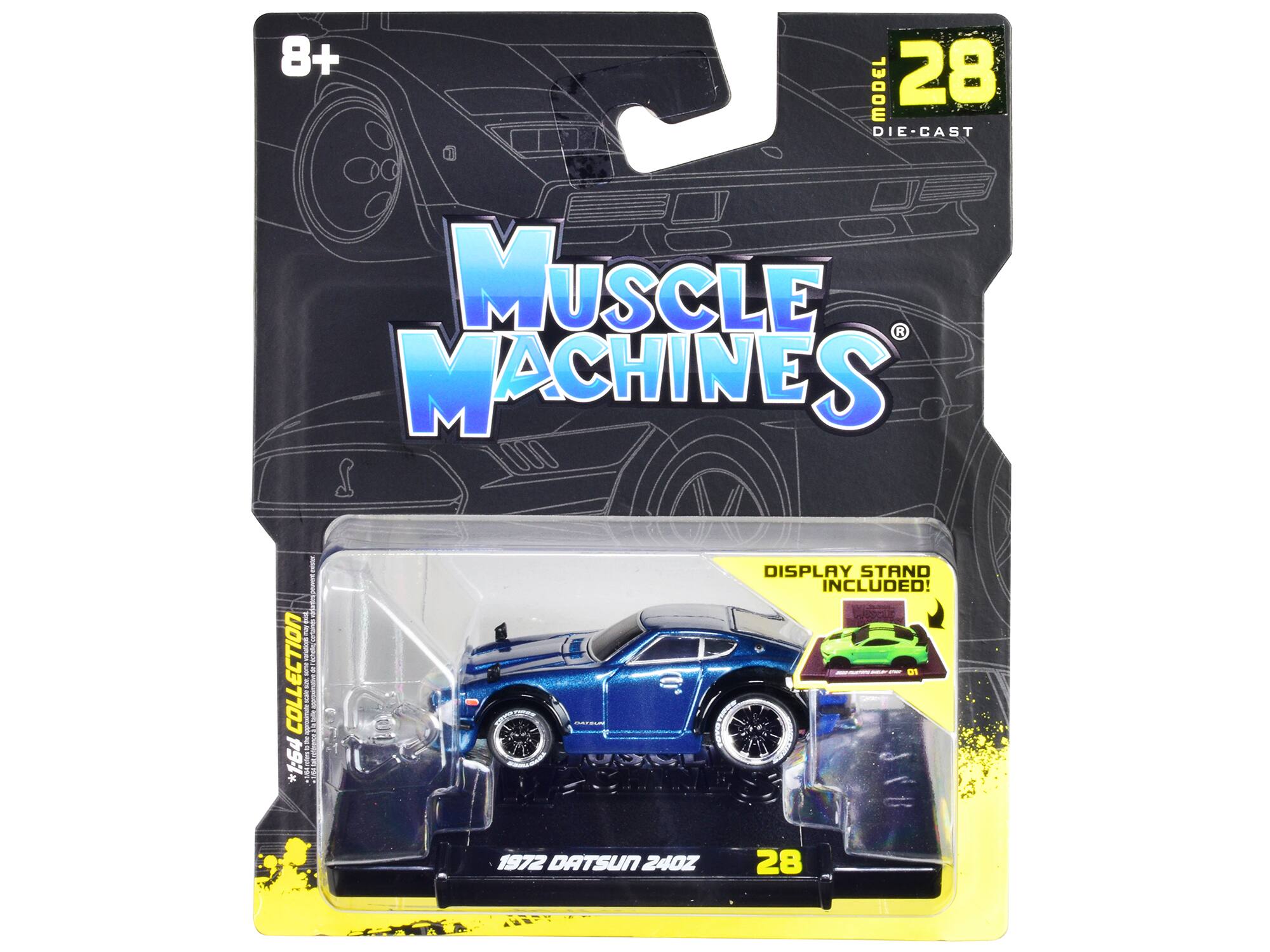 8+ 1 MODEL 28 DIE-CAST MUSCLE MACHINES COLLECTION 1:64 R- E DISPLAY STAND INCLUDED! - u = ada 1972 DATSUN 240Z