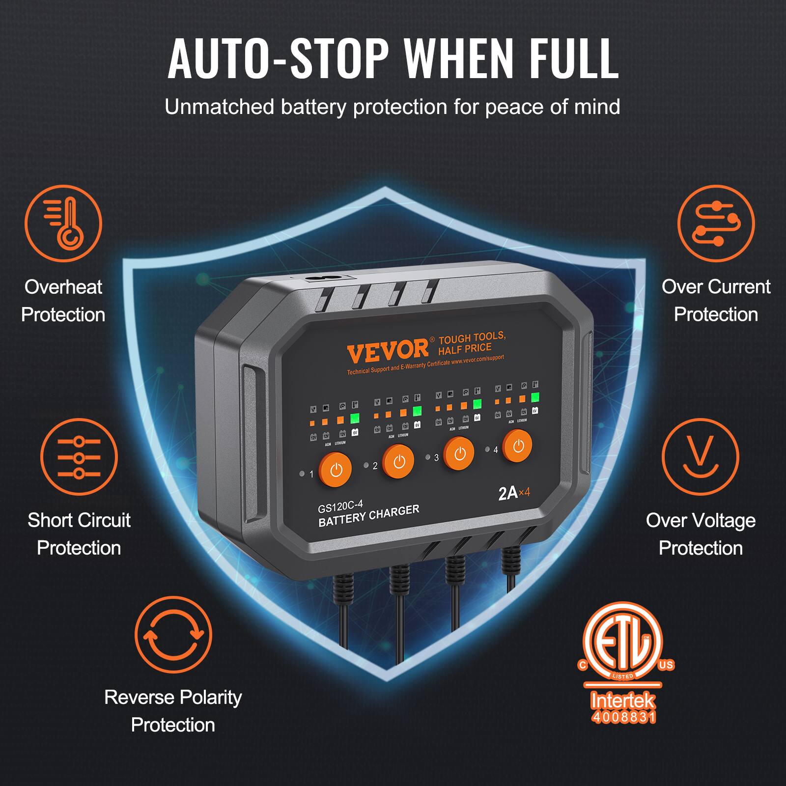AUTO-STOP WHEN FULL  
Unmatched battery protection for peace of mind  

- Overheat Protection  
- Over Current Protection  
- Short Circuit Protection  
- Reverse Polarity Protection  
- Over Voltage Protection  

VEVOR  
TOUGH TOOLS, HALF PRICE  

GS120C-4  
BATTERY CHARGER  
2A x 4  

ETL  
Intertek  
4008831