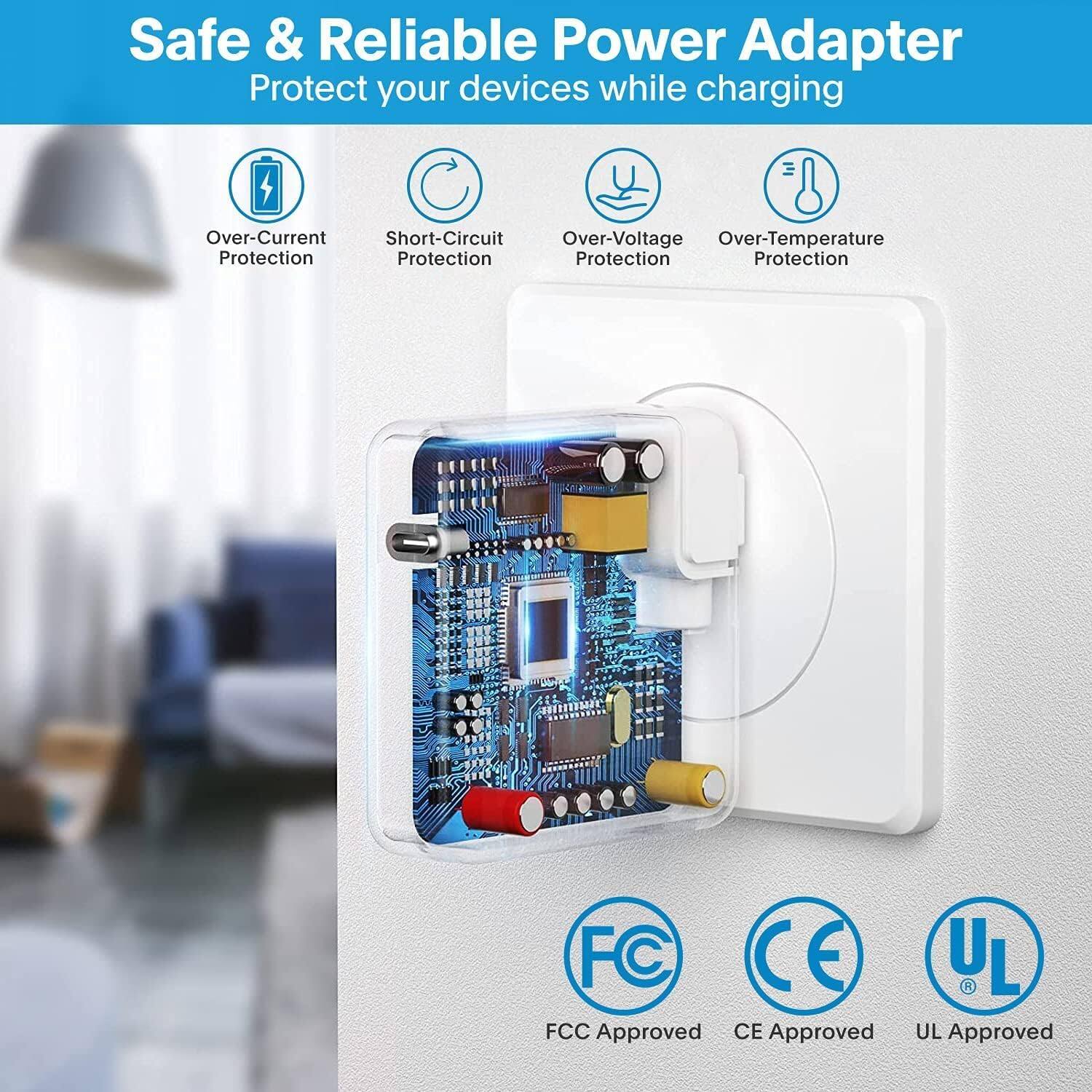 Safe & Reliable Power Adapter  
Protect your devices while charging  

- Over-Current Protection  
- Short-Circuit Protection  
- Over-Voltage Protection  
- Over-Temperature Protection  

FCC Approved  
CE Approved  
UL Approved