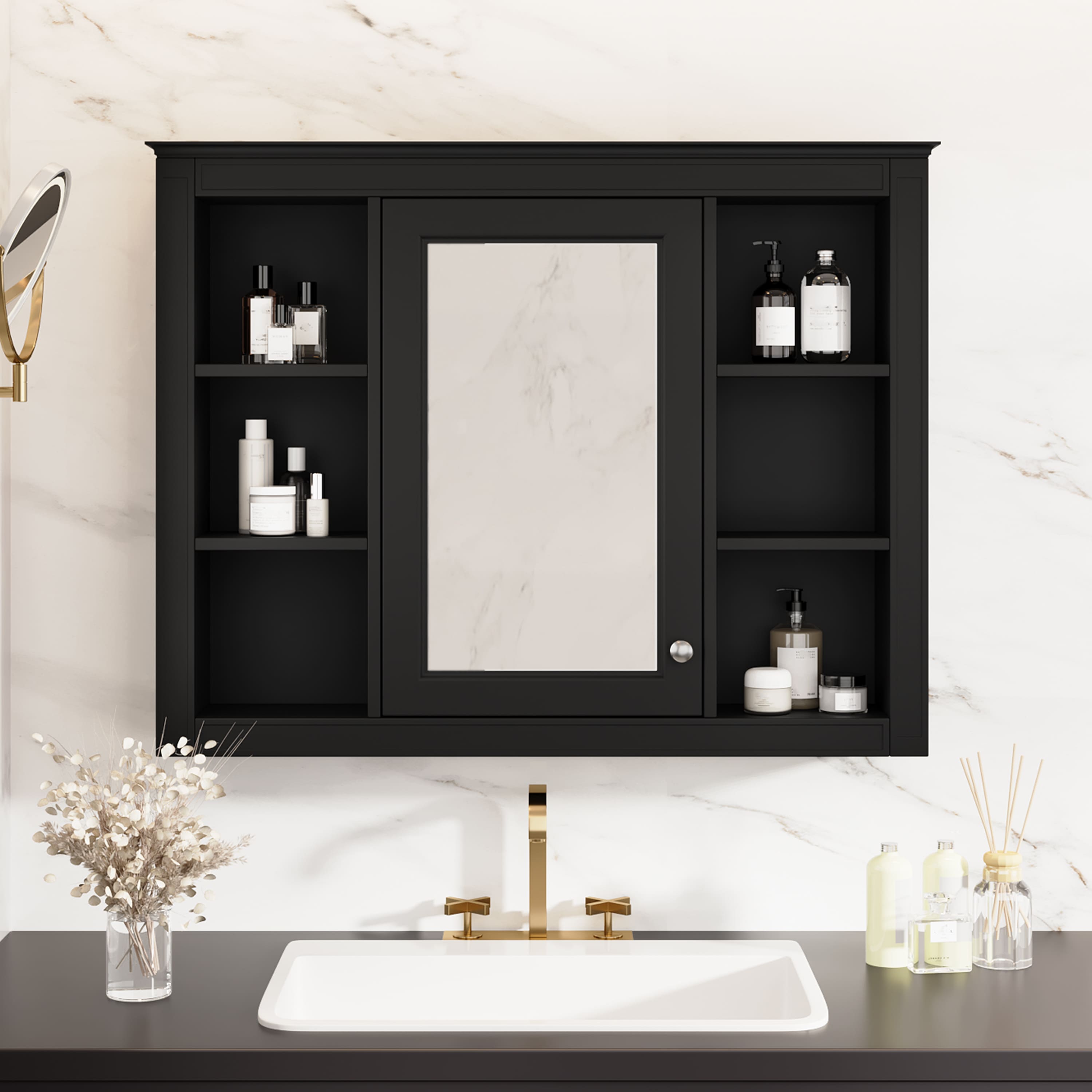 Z-Edge - 35'' x 28'' Medicine Cabinet, Wall Mounted Bathroom Storage Cabinet, Modern Mirror Cabinet with Door and 6 Open Shelves - Black price history on PriceWatchPro
