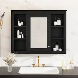 Z-Edge - 35'' x 28'' Medicine Cabinet, Wall Mounted Bathroom Storage Cabinet, Modern Mirror Cabinet with Door and 6 Open Shelves - Black