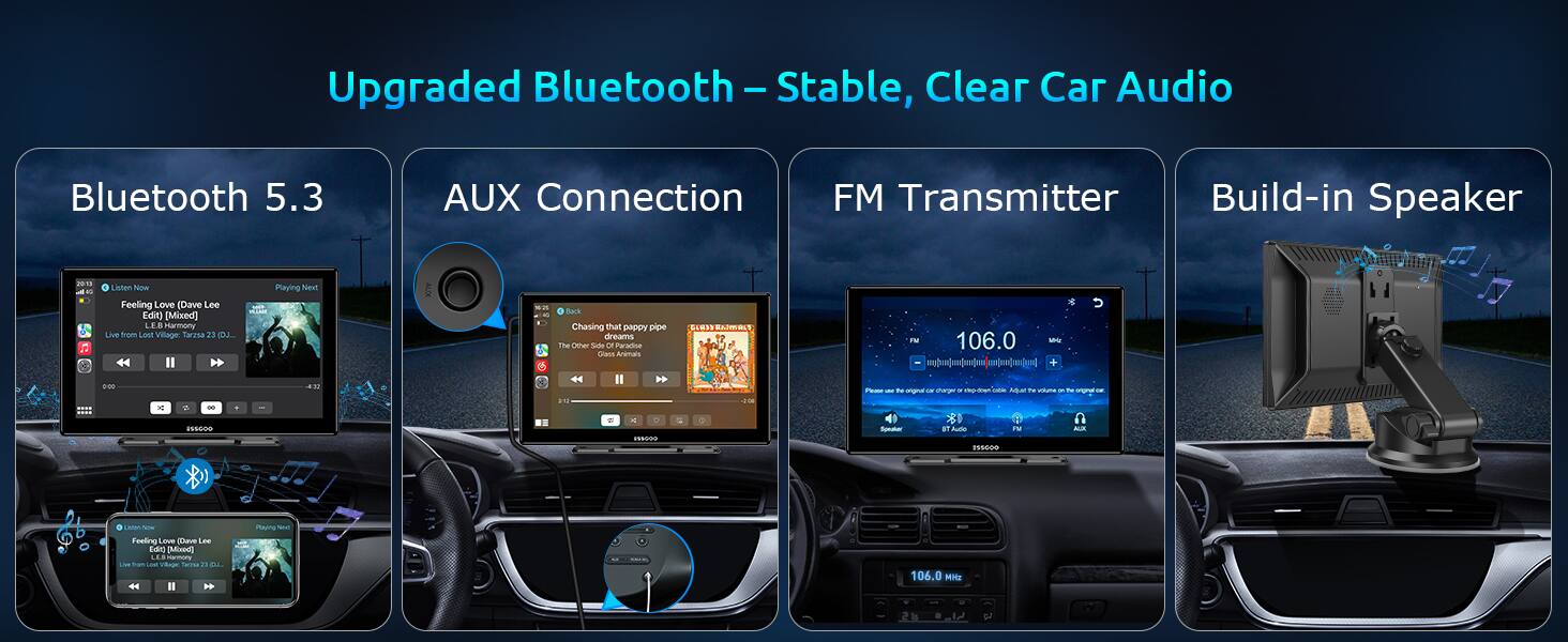 Upgraded Bluetooth - Stable, Clear Car Audio

Bluetooth 5.3
AUX Connection
FM Transmitter
Build-in Speaker

Feeling Love (Dave Lee Edit) [Mixed]
LEB Harmony Live Eno Leven Vittage larrsa 23 DJ

Playing Now
Chasing that pappy pipe dreams te Cmer S oF Param Grans Antars SLEI LMAT ma 106.0 - myoaer + * ... . 1m

Feeling Love Curve 6e Edr Moxe LEB tarmary Lls - - Vitapm - i L - 106.0 Mine