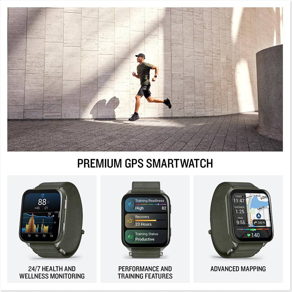 PREMIUM GPS SMARTWATCH

24/7 HEALTH AND WELLNESS MONITORING

PERFORMANCE AND TRAINING FEATURES

ADVANCED MAPPING

Training Readiness High 82  
Recovery 23 Hours  
Training Status Productive

DISTANCE 1.25  
PRCE 9:56  
45m  
LakeDr A L  
343