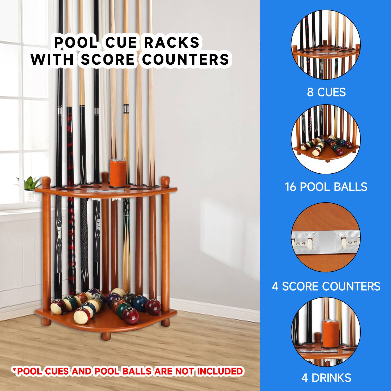 POOL CUE RACKS WITH SCORE COUNTERS
8 CUES
16 POOL BALLS
4 SCORE COUNTERS
4 DRINKS
*POOL CUES AND POOL BALLS ARE NOT INCLUDED