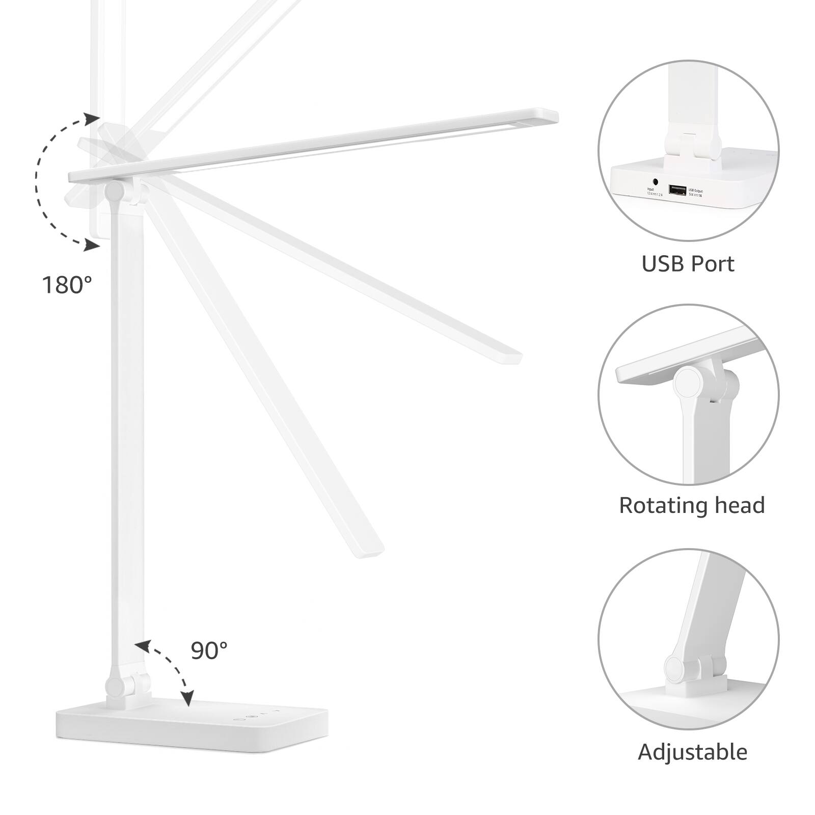 - 180° USB Port
- Rotating head 90°
- Adjustable