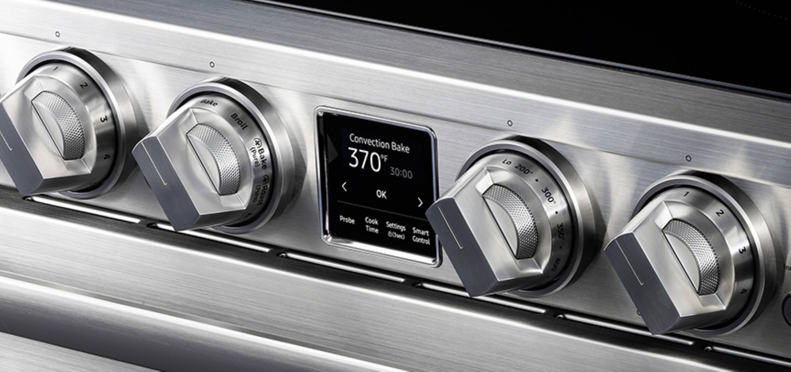 The text on the image is:

"Bake (Pure) Bake (nUR) Roast Convection Bake 370°F 30:00 OK Probe Cook Time Settings Smart O Control 1 2 3 4 5 6 7 8 9 10"

Corrected text:

"Bake (Pure) Bake (nUR) Roast Convection Bake 370°F 30:00 OK Probe Cook Time Settings Smart O Control 1 2 3 4 5 6 7 8 9 10"