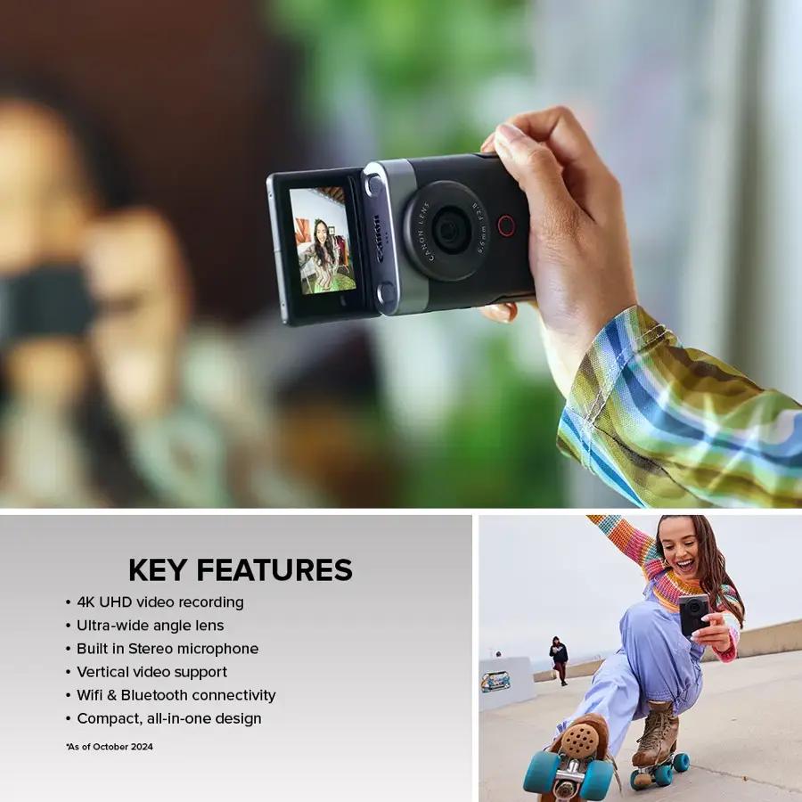 Key Features:

* 4K UHD video recording
* Ultra-wide angle lens
* Built-in Stereo microphone
* Vertical video support
* Wifi & Bluetooth connectivity
* Compact, all-in-one design