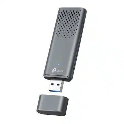 Front. TP-Link - Archer TBE6500U Tri-Band BE6500 6.5 Gbps Wi-Fi 7 Wireless Ultra-Fast USB 3.0 Adapter with Advanced WPA3 Security - Gray.