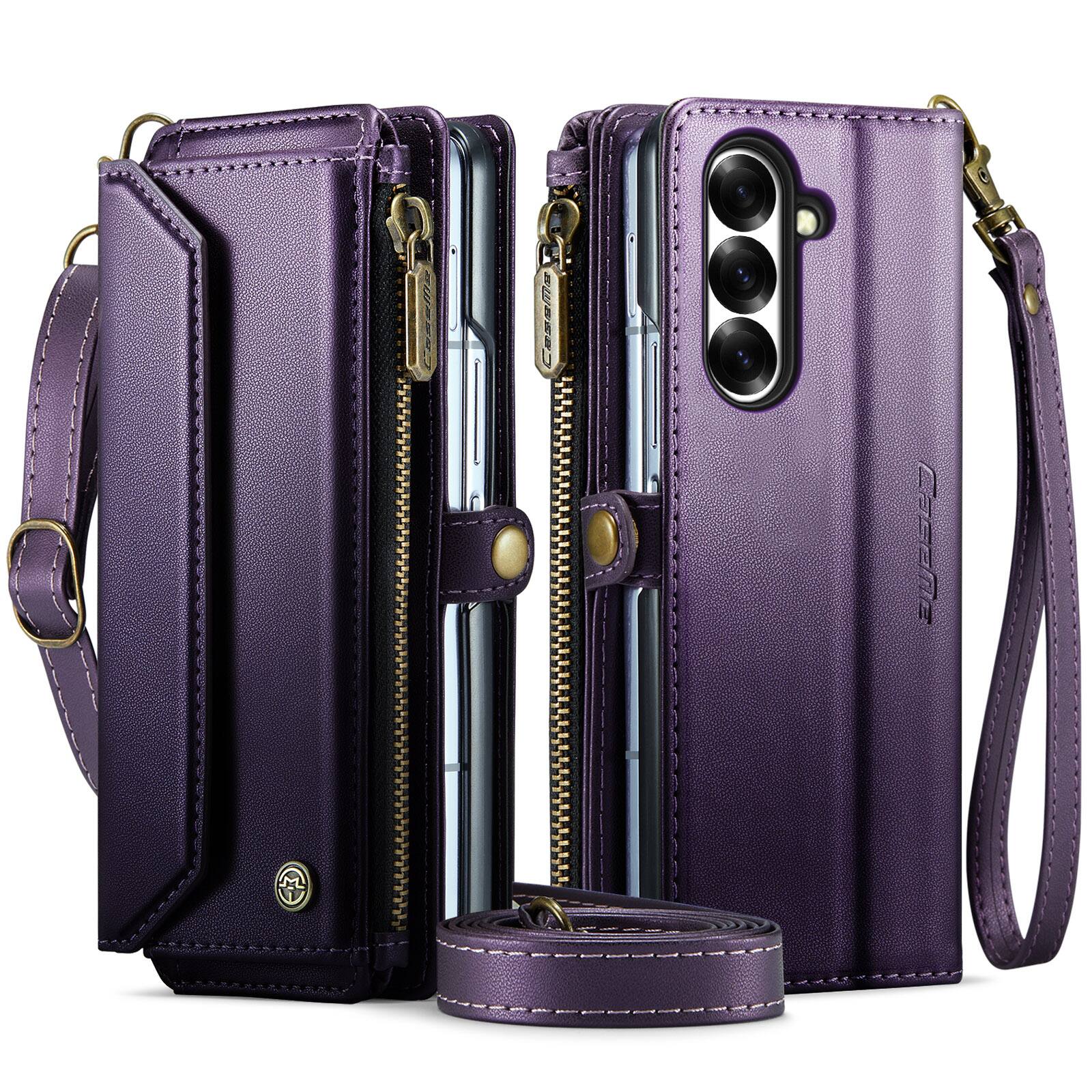 Angle. Dteck - Wallet Case for Samsung Galaxy Z Fold8 Ultra, PU Leather RFID Blocking Card Holder Kickstand Cover with Crossbody Strap - Purple.
