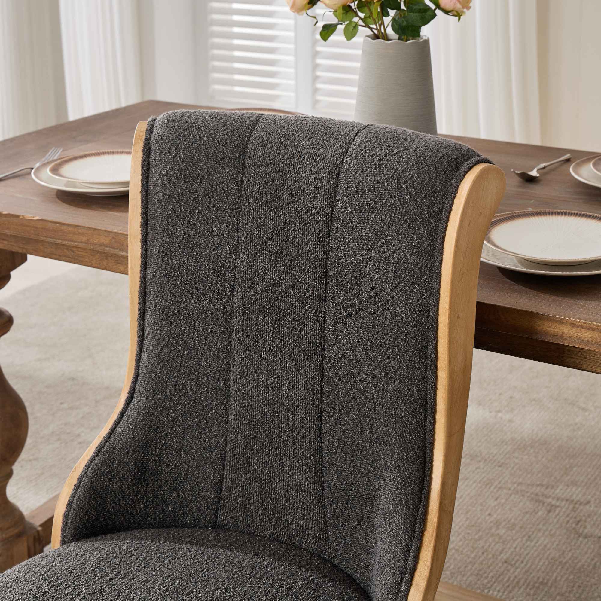 Alt View 6. GOODSILO - Mid-Century Modern Upholstered Dining Chairs with Curved Wood Trim and Sculpted Legs, Set of Two in Neutral Beige Fabric - Gray.