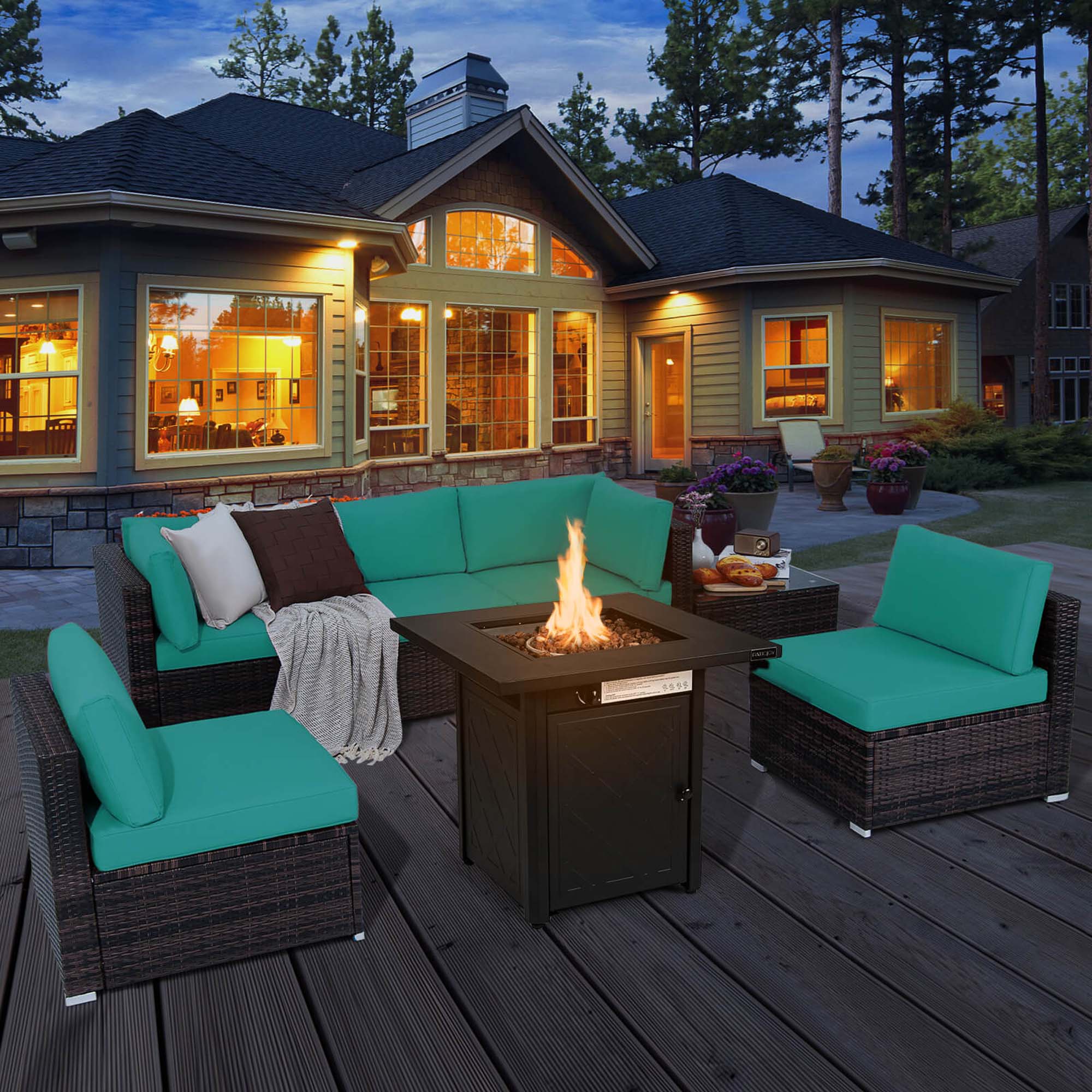 Alt View 1. Costway - 7 PCS Patio Furniture Set with 28" 50000 BTU Propane Gas Fire Pit Table Cushions - Turquoise.