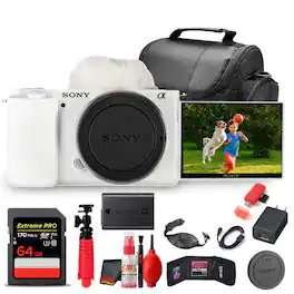 Bundle - Sony - ZV-E10 Mirrorless Camera (White) + 64GB Card + Bag + Card Reader + HDMI + More