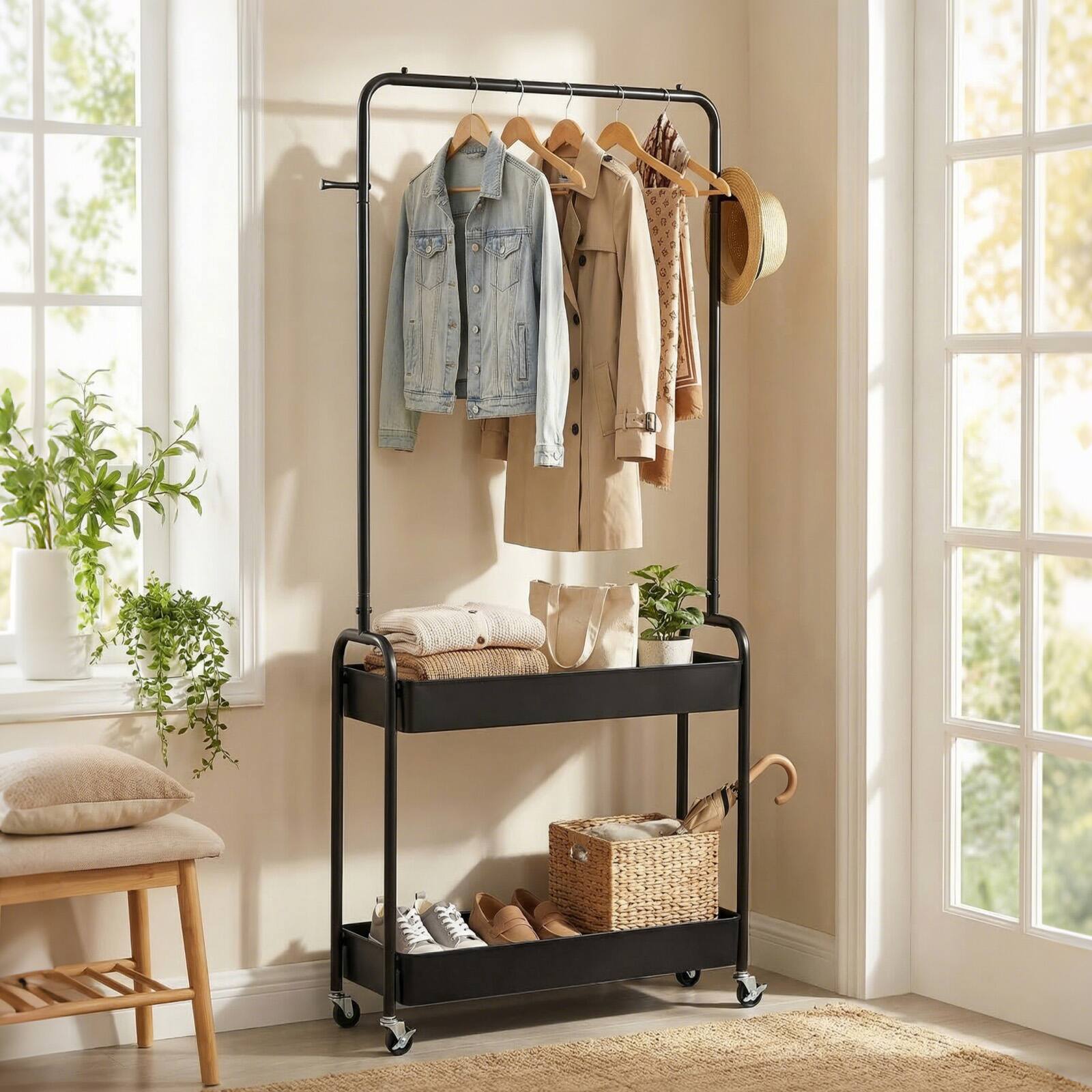 Alt View 4. Gymax - Gymax Rolling Clothes Rack w/Hanging Rod Side Hooks Storage Baskets Lockable Wheels Black - Black.