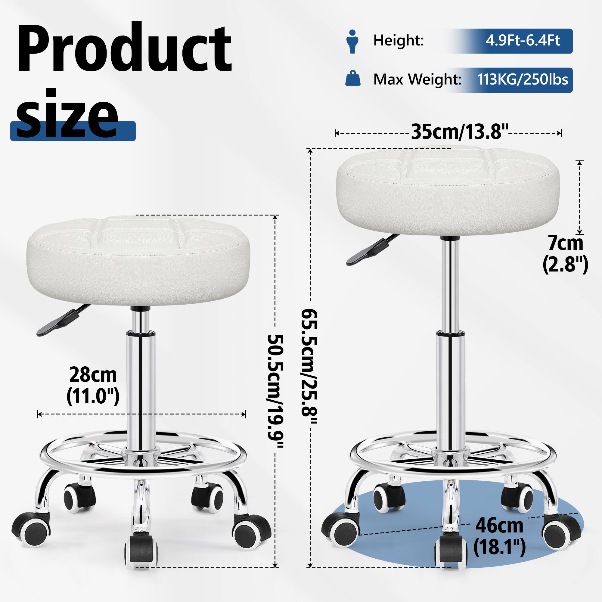 Alt View 3. KERDOM - Versatile Rolling Stool Adjustable Height PU Leather Swivel Small Office Chair without Back for Drawing Tattoo Salon Lab - White.