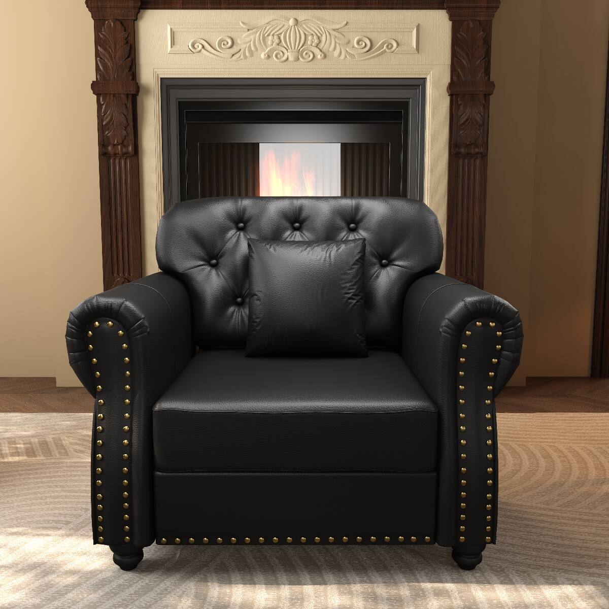 Back. Ropilly - Ropilly Black Faux Leather Sofa, Chesterfield Style Button Tufted Accent Chair with Pillow - Black.