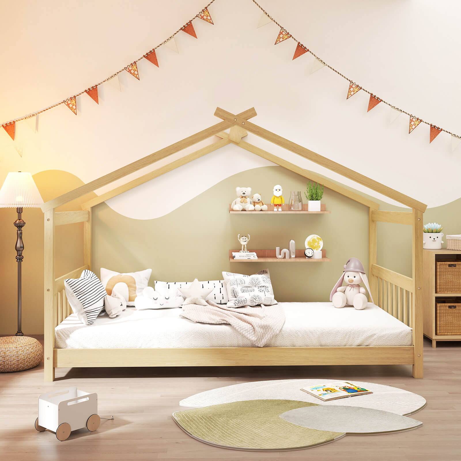 Alt View 4. Costway - Costway Twin Size House Bed with Roof Wooden Low Floor Bed No Box Spring Needed - Natural.