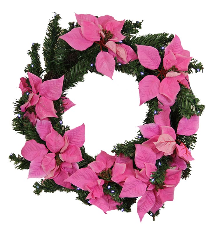 LB International - 22" Pre-Lit Poinsettia Battery Operated Artificial Christmas Wreath - Clear LED Lights - Pink