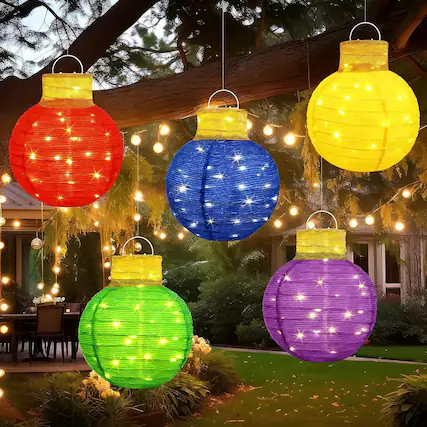 Front. RTMB - 5-Pack 12" Lighted Christmas Ornament Balls, LED, Foldable, Colored Décor - Colored.