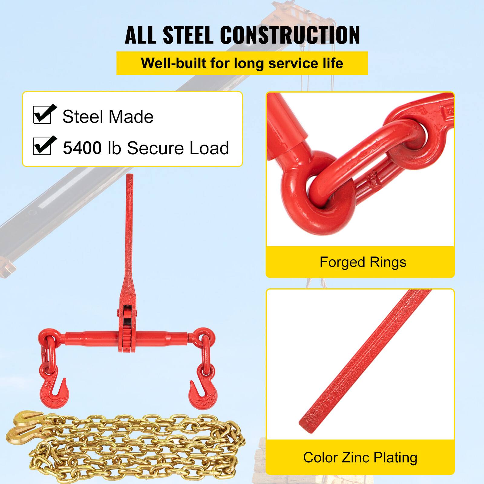 ALL STEEL CONSTRUCTION  
Well-built for long service life  

- Steel Made  
- 5400 lb Secure Load  
- Forged Rings  
- Color Zinc Plating