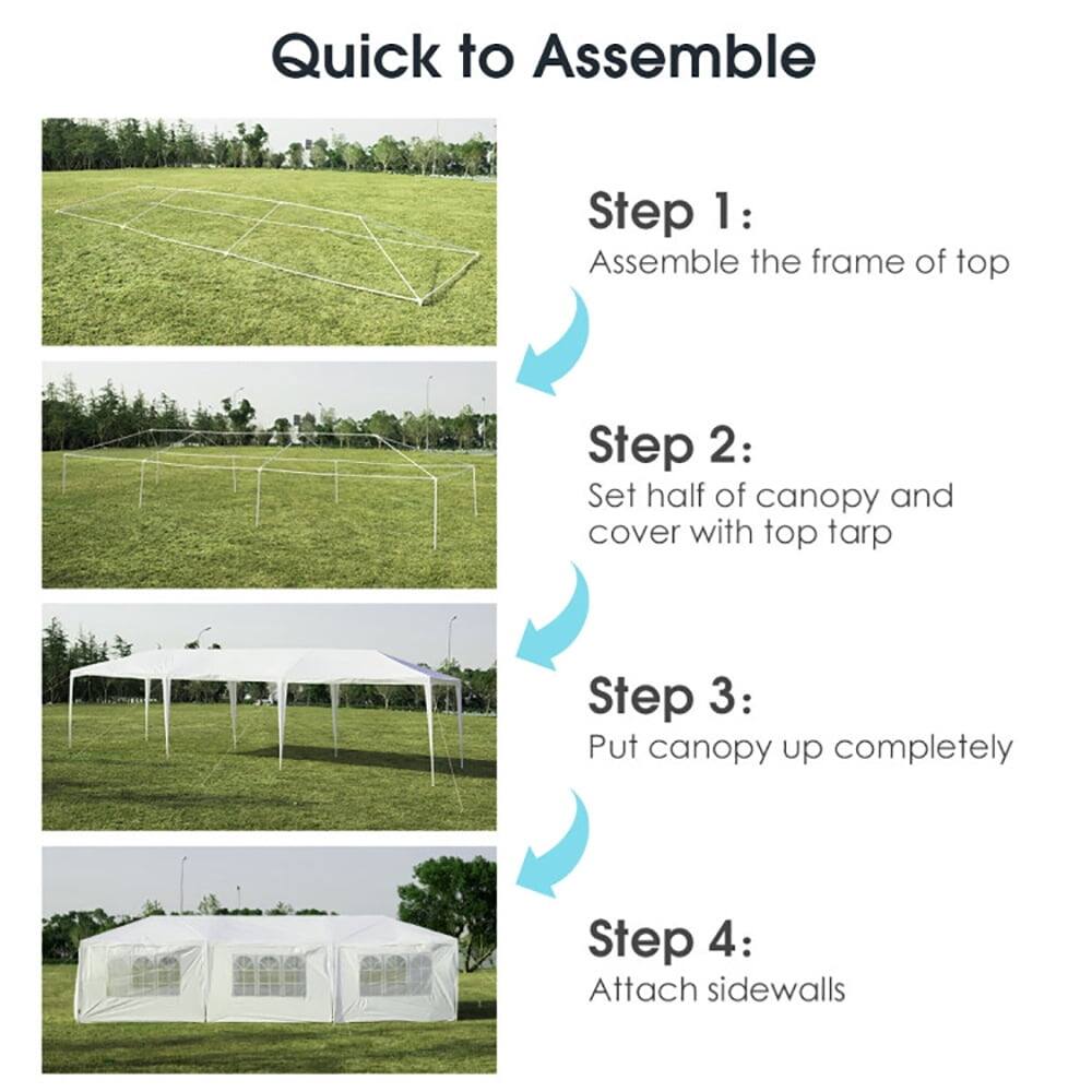 Quick to Assemble

Step 1: Assemble the frame of top

Step 2: Set half of canopy and cover with top tarp

Step 3: Put canopy up completely

Step 4: Attach sidewalls