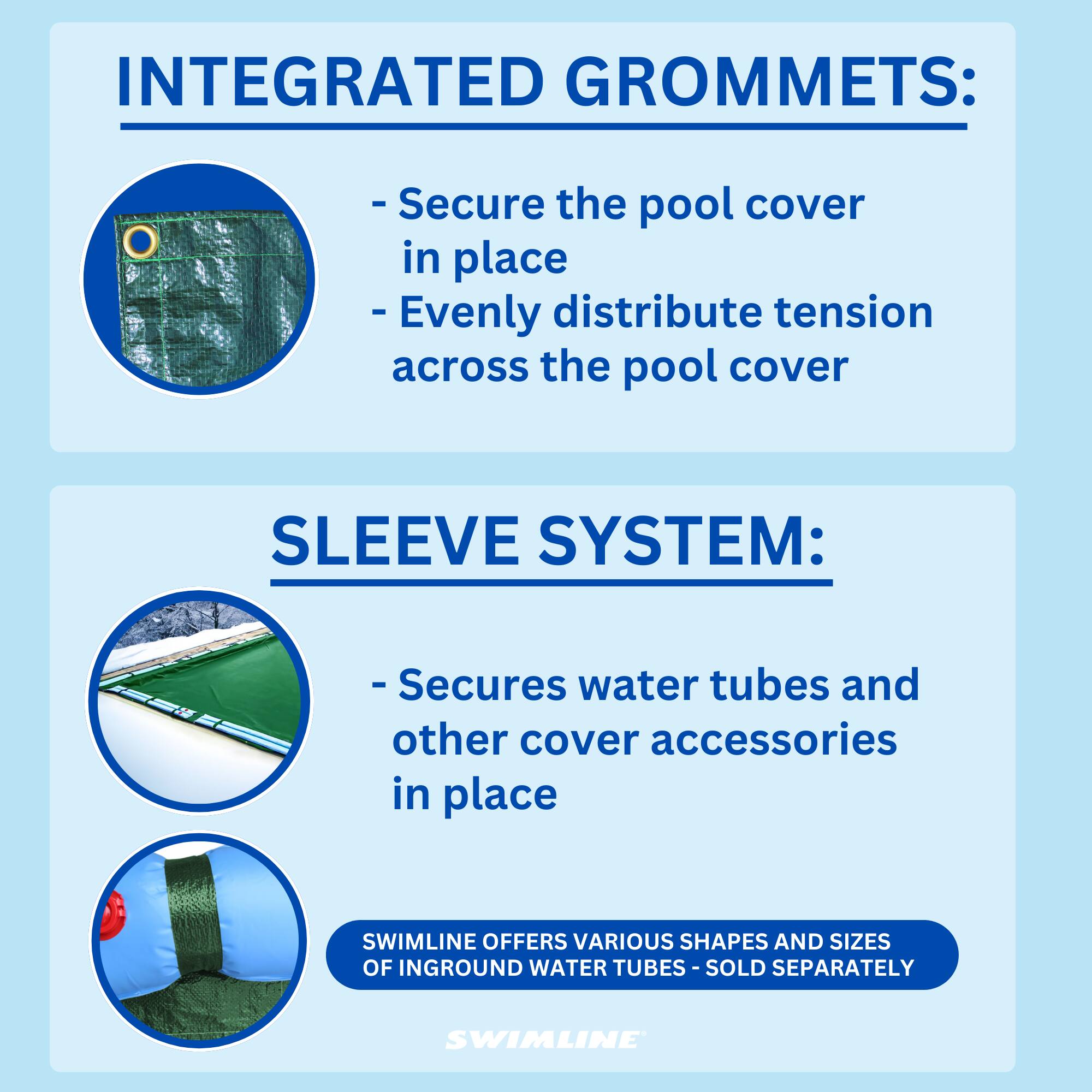 INTEGRATED GROMMETS:
- Secure the pool cover in place
- Evenly distribute tension across the pool cover

SLEEVE SYSTEM:
- Secures water tubes and other cover accessories in place

SWIMLINE OFFERS VARIOUS SHAPES AND SIZES OF INGROUND WATER TUBES - SOLD SEPARATELY