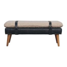 Artisan Furniture - Solid Wood Boucle x Black Leather Bench, Upholstered - Black and White