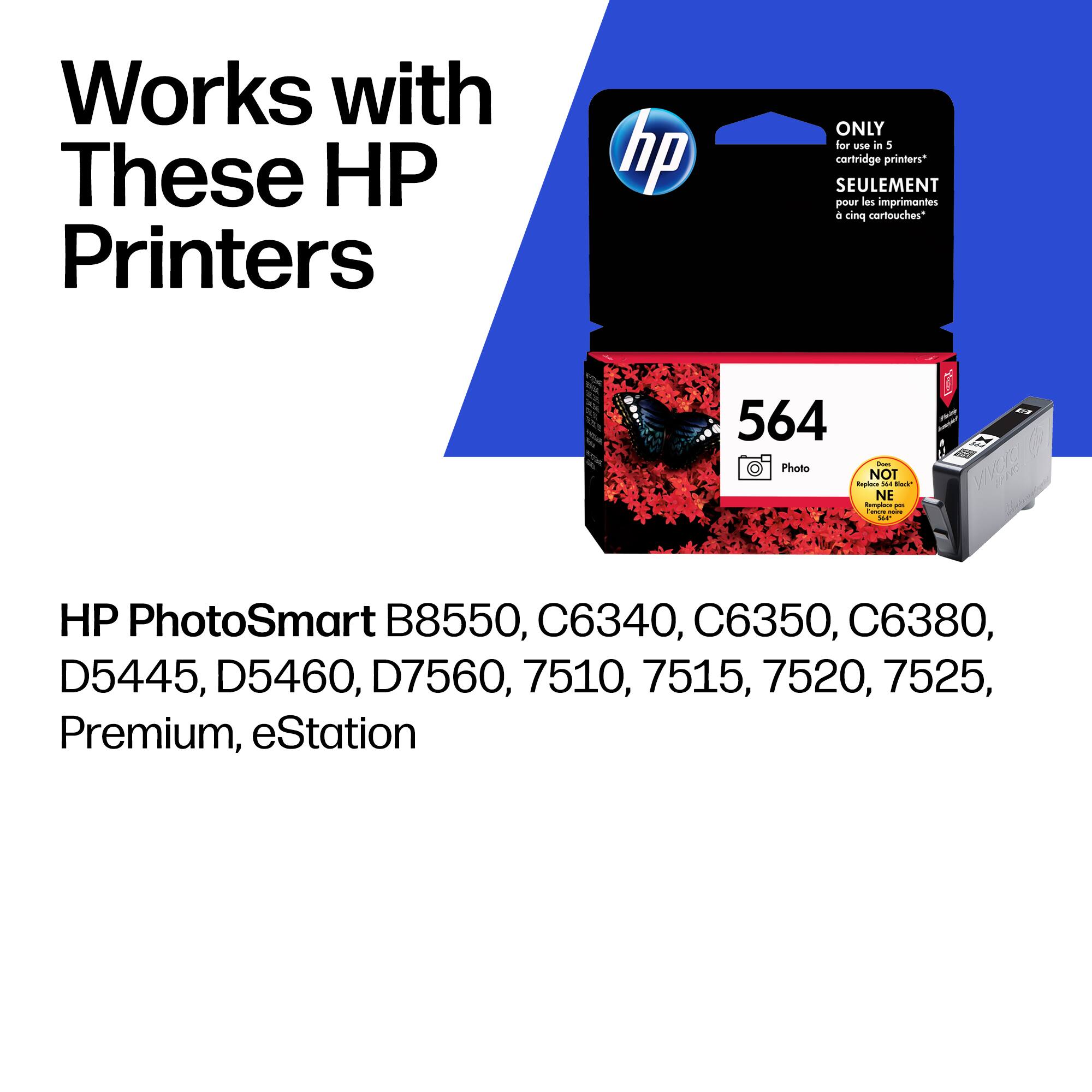 Works with These HP Printers

ONLY for use in 5 cartridge printers  
SEULEMENT pour les imprimantes à cinq cartouches

564 - Photo  
NOT for use in HP LaserJet printers

HP PhotoSmart B8550, C6340, C6350, C6380, D5445, D5460, D7560, 7510, 7515, 7520, 7525, Premium, eStation