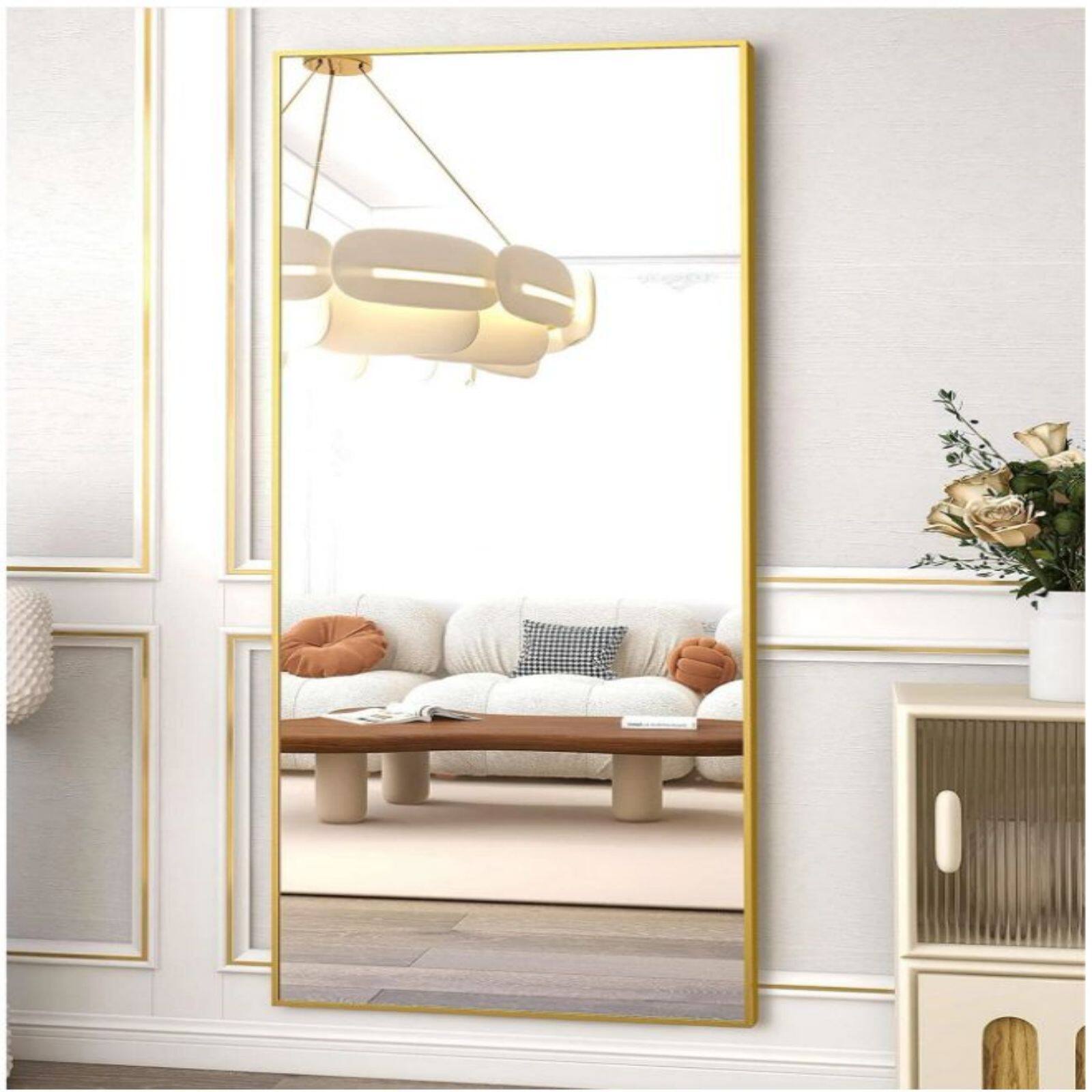 Angle. HOMLUX - Full Length Rectangle Floor Mirror Gold Aluminum Frame Free Standing Wall Mount for Bedroom Entryway.