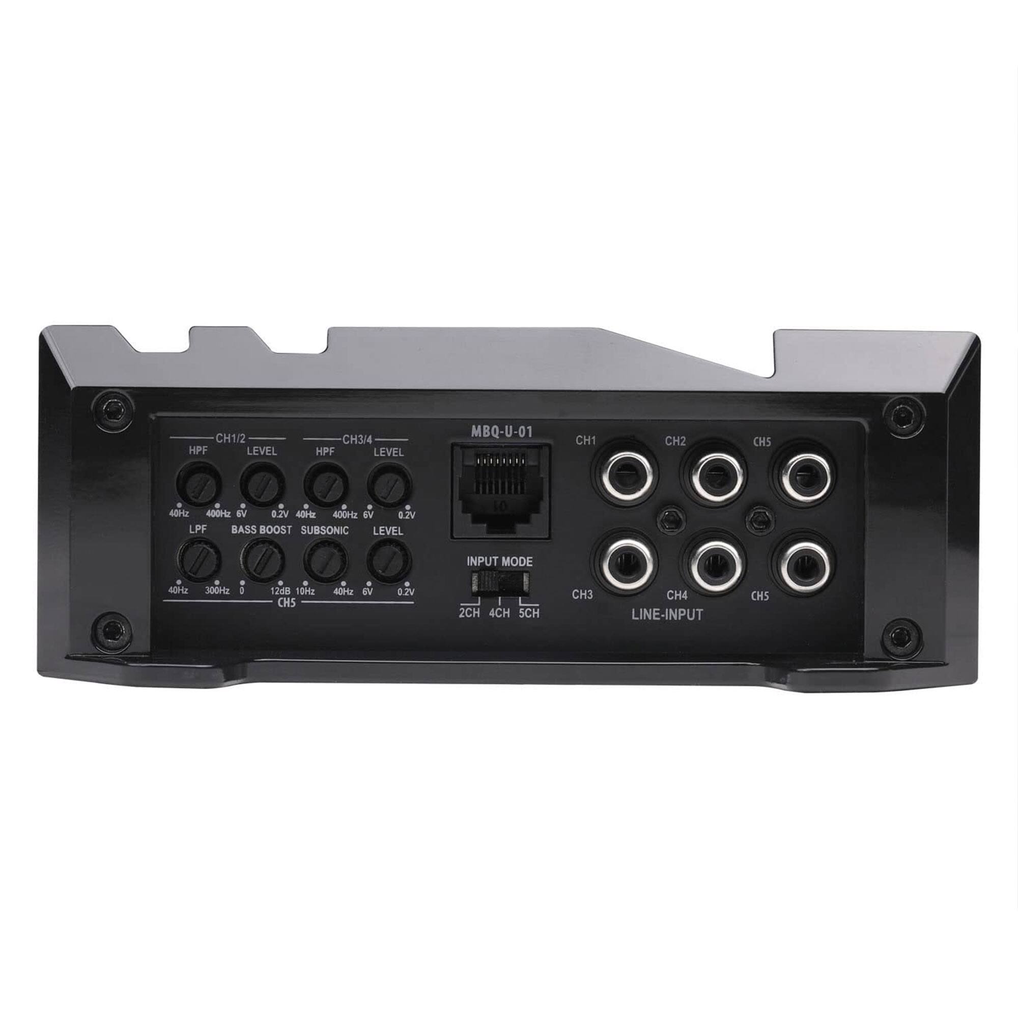 MBQ-U-01

CH1/2
HPF LEVEL
HPF
40Hz
400Hz
EV
0.2V

CH3/4
HPF LEVEL
HPF
40Hz
400Hz
WV
0.2V

LPF
BASS BOOST
SUBSONIC LEVEL
40Hz
300Hz
12dB
40Hz
0.2V

INPUT MODE
2CH 4CH 5CH

CH1 CH2 CH3 CH4 CH5

LINE-INPUT

CH1 CH2 CH3 CH4 CH5

INPUT MODE
L