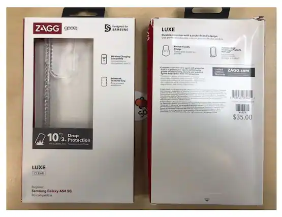 ZAGG ge34 Designed for S SAMSUNG LUXE Durable protection with a pocket friendly design. Wireless Charging Compatible. Enhanced Textured Grip. Pocket friendly Design. Contains an antimicrobial agent with properties built in to protect your case by inhibiting the growth of odor-causing bacteria and guarding against degradation from sweat. Antimicrobial Treatment. Protects the Case. Limited Lifetime Warranty. 180 hAne 49944 08560. $35.00. 10%3 Drop Protection. Mi 5nd 810G 516 Protection Anti-Chute. LUXE CLEAR. for/pour: Samsung Galaxy A54 5G. 5G compatible.