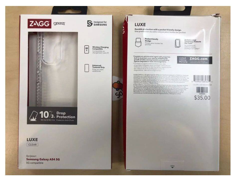 ZAGG ge34 Designed for S SAMSUNG LUXE Durable protection with a pocket friendly design. Wireless Charging Compatible. Enhanced Textured Grip. Pocket friendly Design. Contains an antimicrobial agent with properties built in to protect your case by inhibiting the growth of odor-causing bacteria and guarding against degradation from sweat. Antimicrobial Treatment. Protects the Case. Limited Lifetime Warranty. 180 hAne 49944 08560. $35.00. 10%3 Drop Protection. Mi 5nd 810G 516 Protection Anti-Chute. LUXE CLEAR. for/pour: Samsung Galaxy A54 5G. 5G compatible.