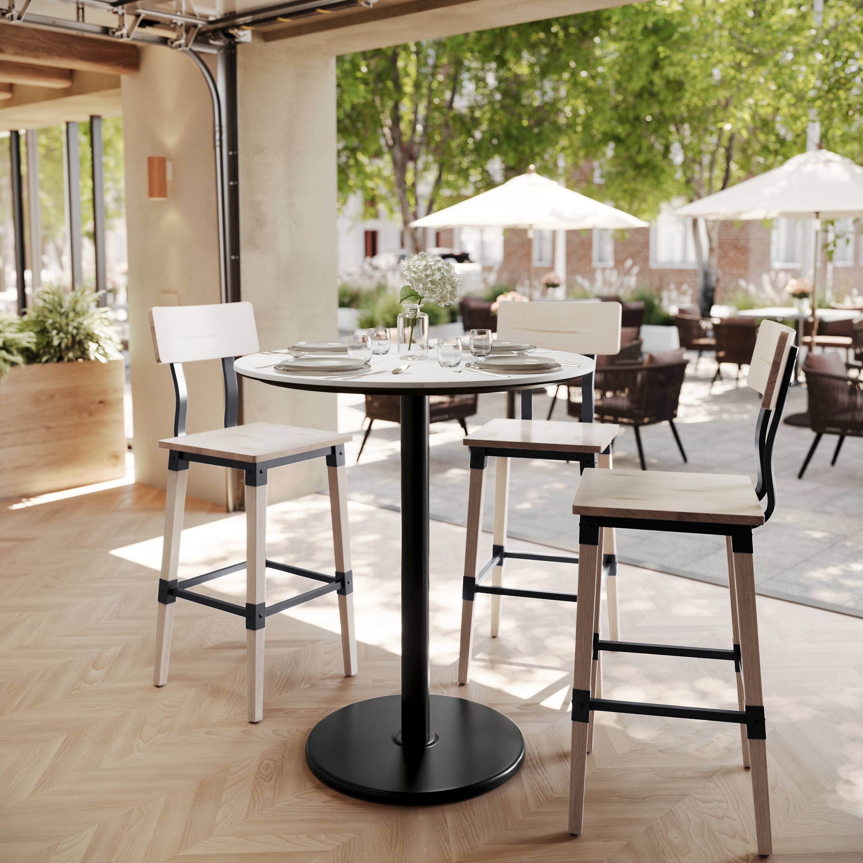 Alt View 1. Emma + Oliver - PureShield Tabletop with Seam-Free Surface Innovation and Bar Height Round Base - White Faux Marble/Black Base.