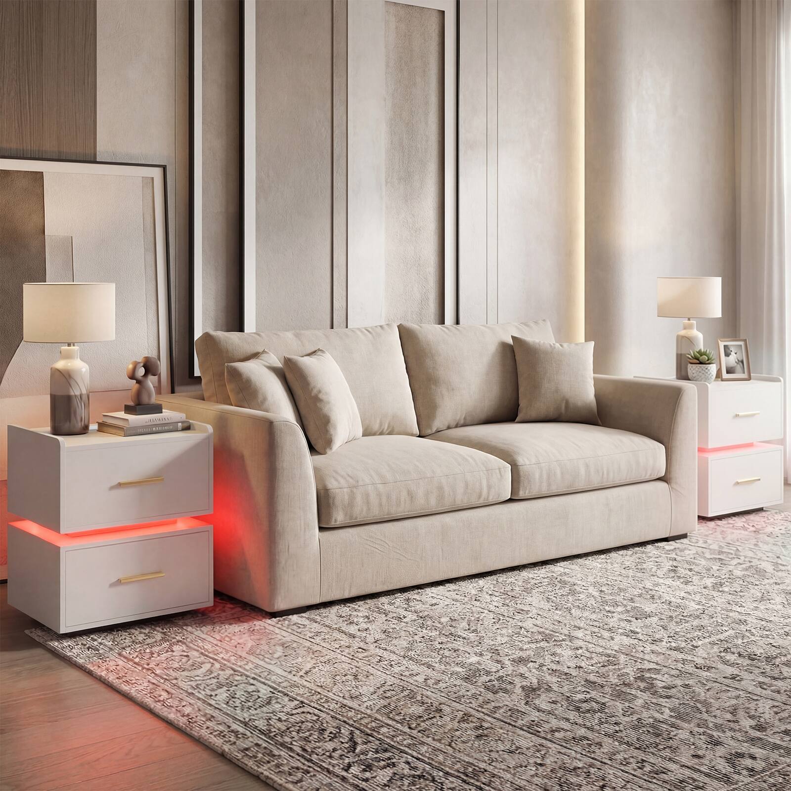 Alt View 4. Costway - Costway 1 PCS Nightstand with Charging Station,LED Bedside Table with 2 Storage Drawers - White.