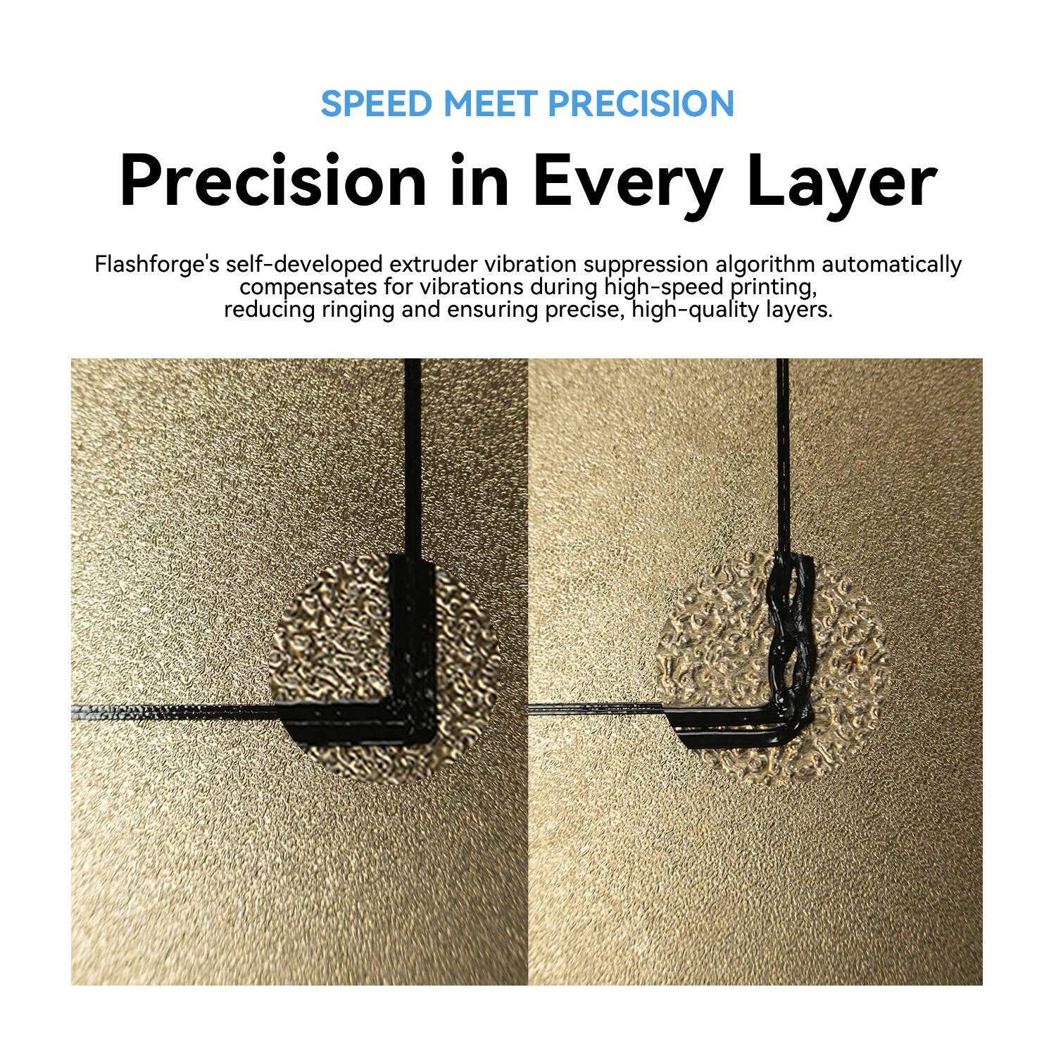 SPEED MEET PRECISION

Precision in Every Layer

Flashforge's self-developed extruder vibration suppression algorithm automatically compensates for vibrations during high-speed printing, reducing ringing and ensuring precise, high-quality layers.
