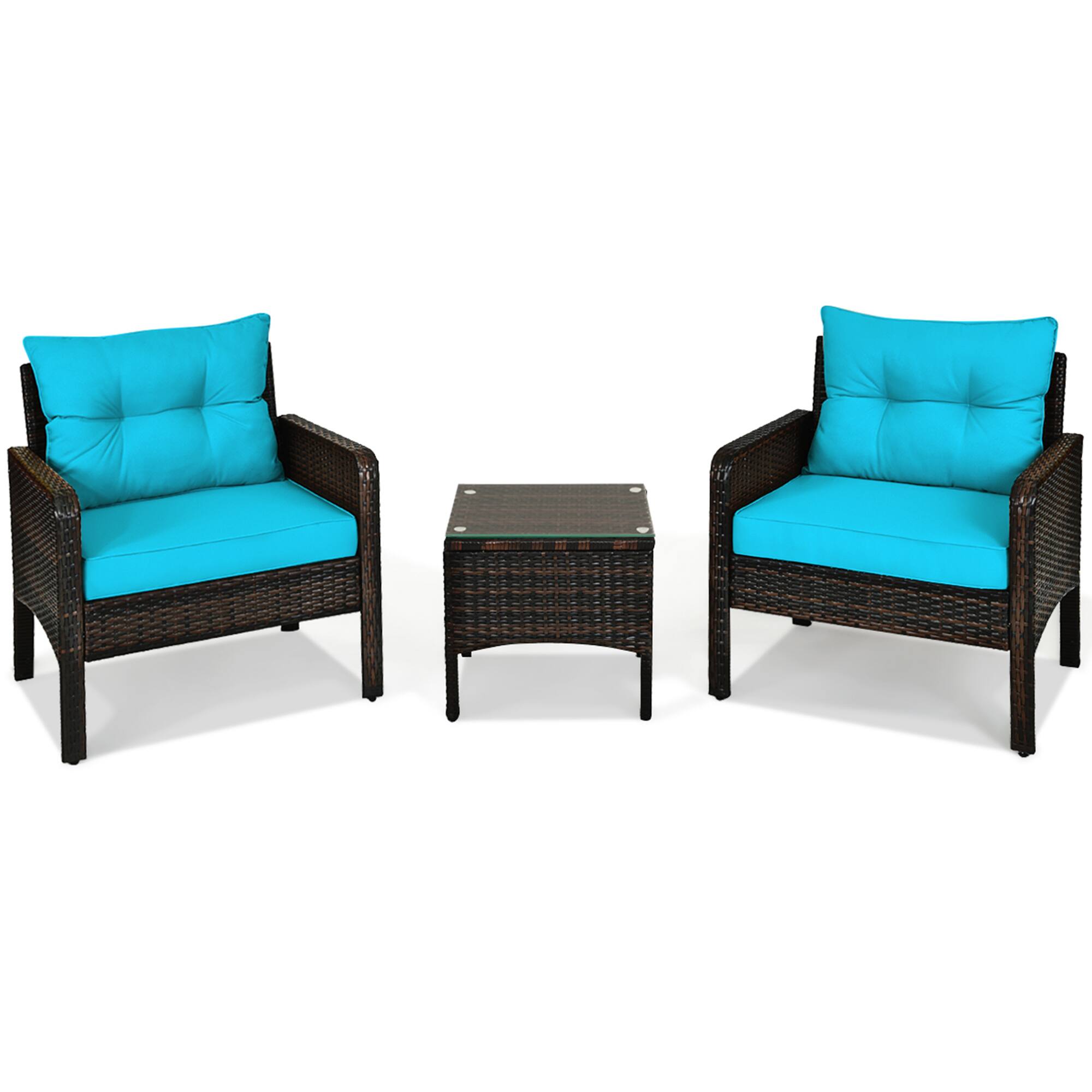 Alt View 1. Gymax - Gymax 3PCS Patio Outdoor Rattan Furniture Set w/ Coffee Table Turquoise Cushion - as pic.