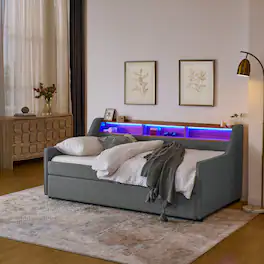 Anysun - Twin Upholstered Sofa Bed with LED Lights&Storage-Adjustable Headboard, Pull-Up Trundle & Wireless Charging, Linen Frame - Gray