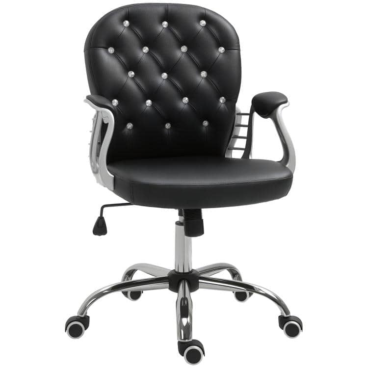 PULUZ - Button Tufted Desk Chair, Home Office Chair with Padded Armrests, Adjustable Height and Swivel Wheels - Black