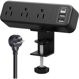 PARKER SLATER - Desk Clamp Power Strip with USB-C, 3 Outlets, Removable Mount, 6.5FT Cord, Fits 1.7" Desk Edge - Black