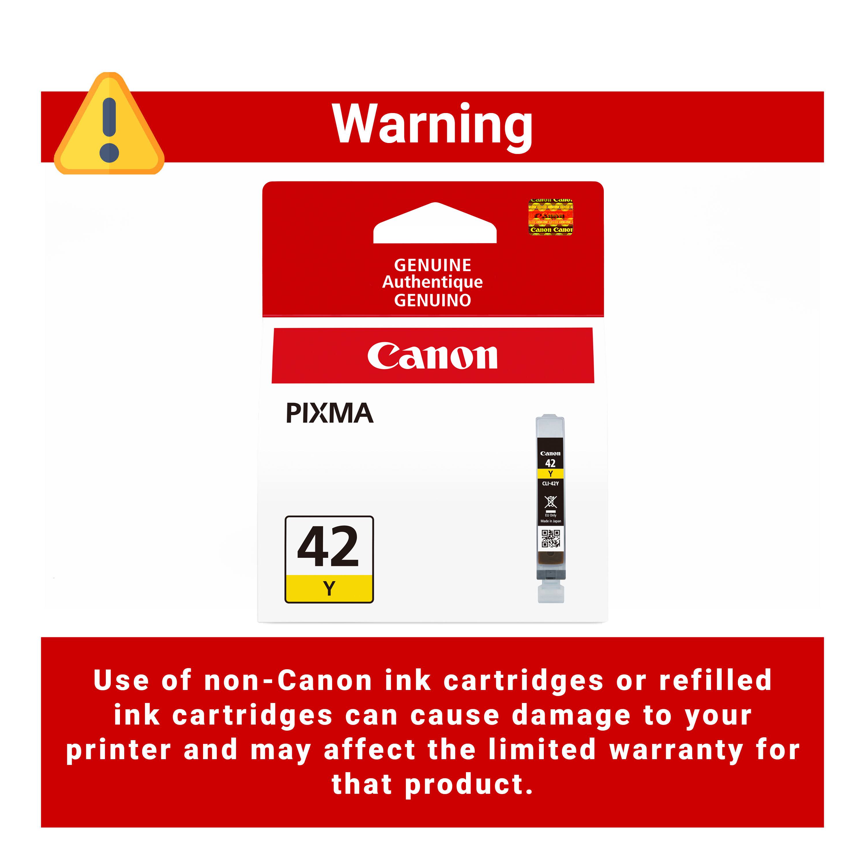 Warning

CAMPO COMICS INDIBIENDO PARAN COMICION Cance CARROT

GENUINE Authentique GENUINO

Canon

PIXMA

Canon 42 Y C2421

42 Y

---

Use of non-Canon ink cartridges or refilled ink cartridges can cause damage to your printer and may affect the limited warranty for that product.