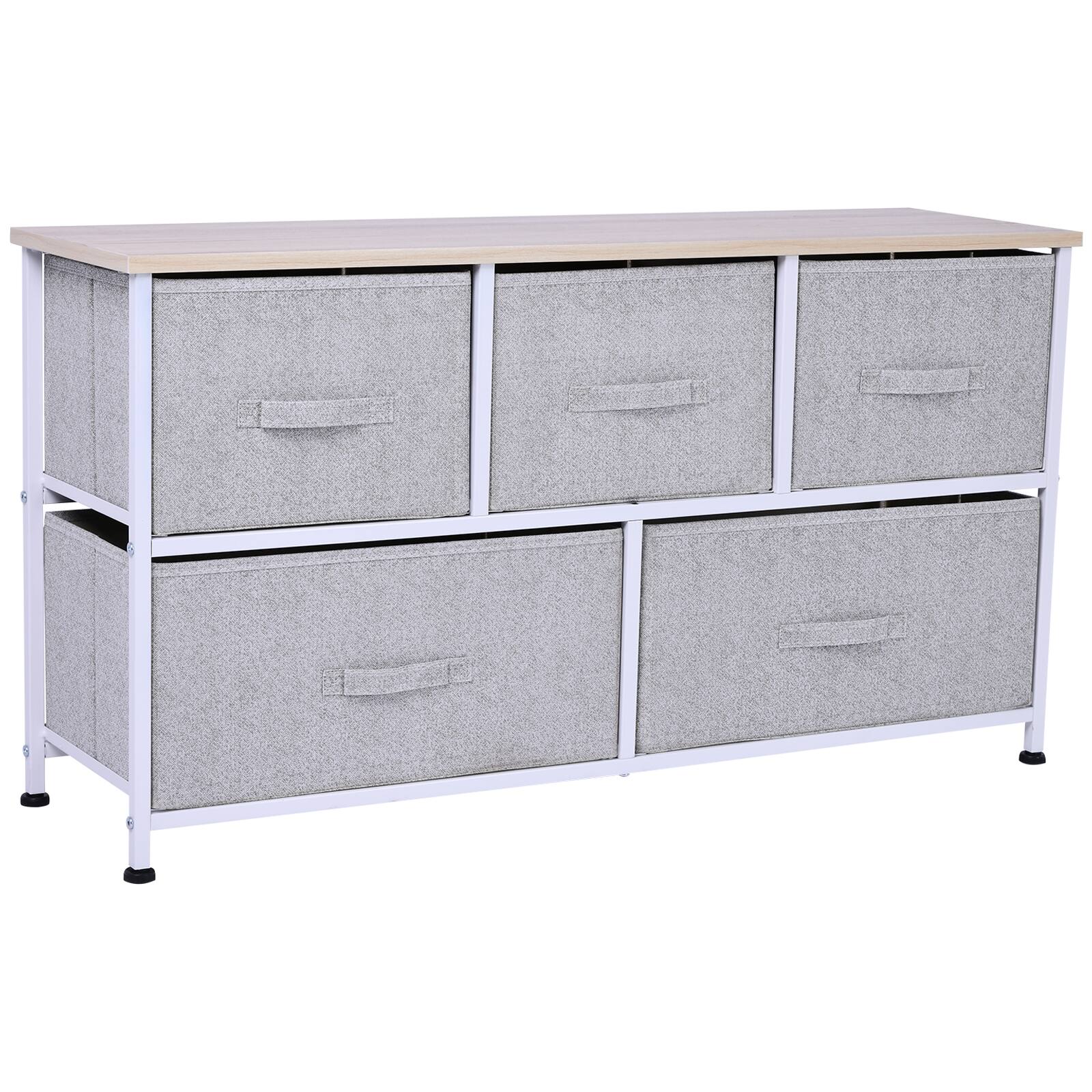 Front. Homcom - 40" L 5 Drawer Horizontal Storage Cube Dresser Unit Bedroom Organizer Living Room Shelf Tower with Fabric Bins - Light Gray.
