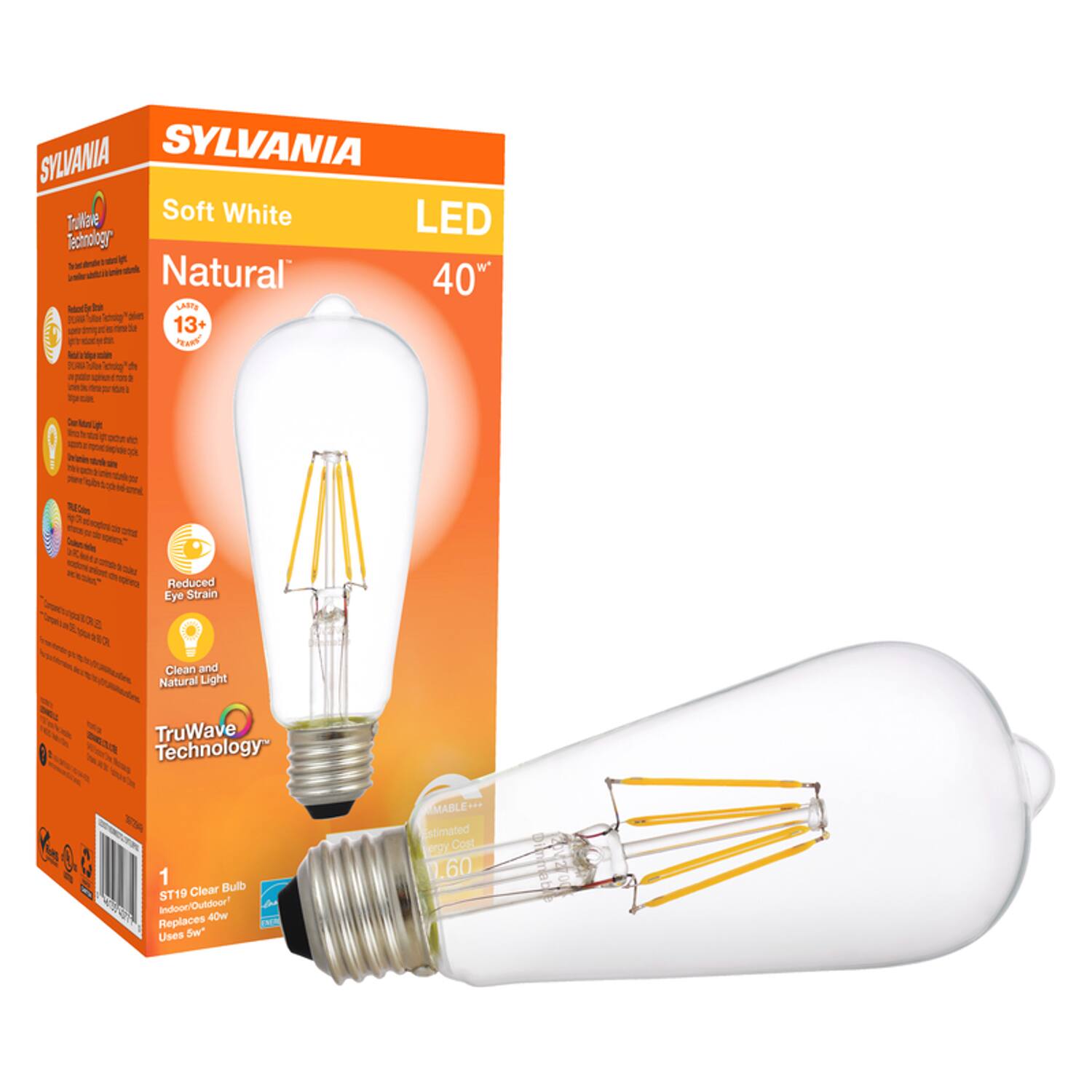 SYLVANIA  
Soft White LED  
Natural  
40"  
13+ Years  
Reduced Eye Strain  
Clean and Natural Light  
TruWave Technology  
1 ST19 Clear Bulb  
Indoor/Outdoor  
Replaces 40w  
Uses 5w  
Estimated Energy Cost 1.60