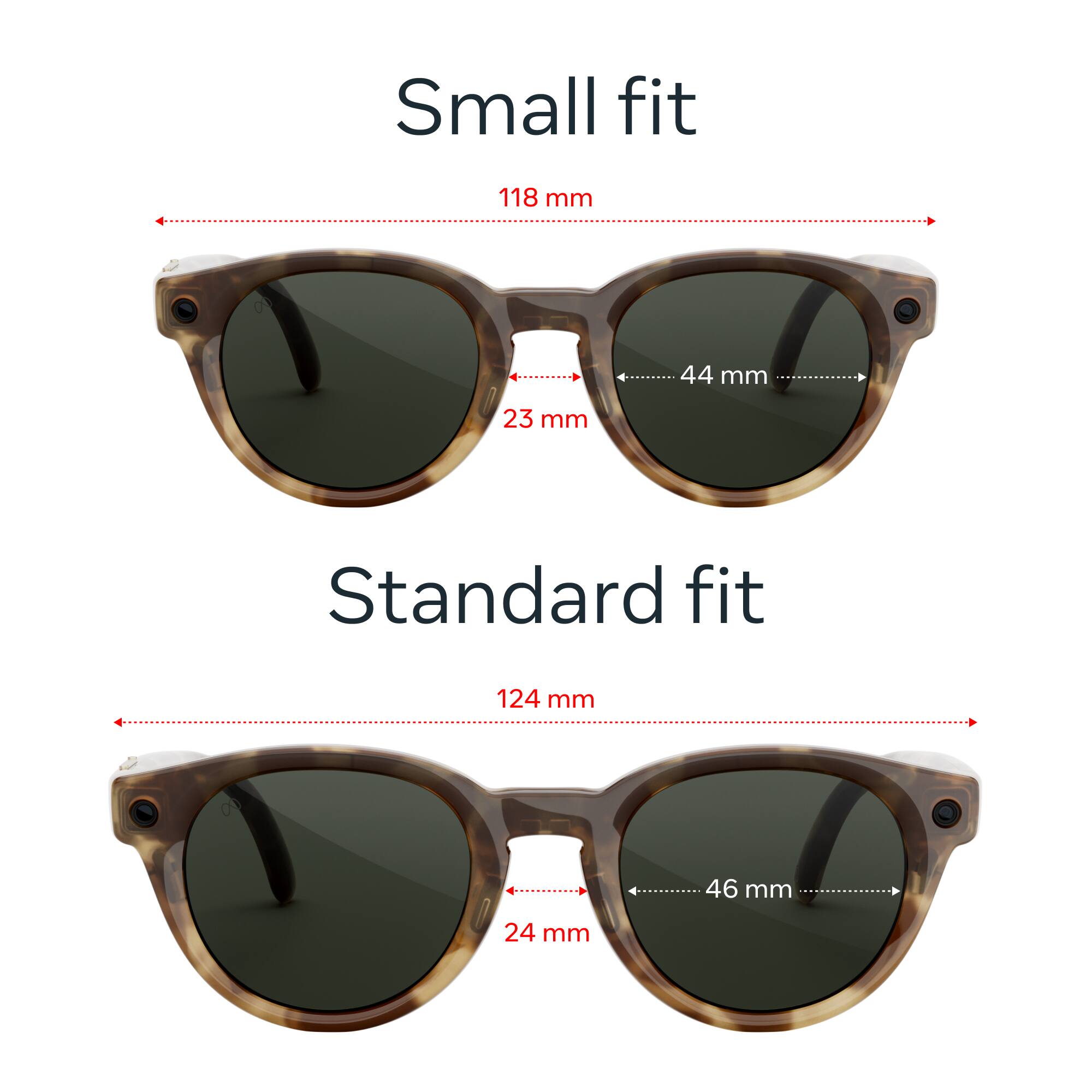 Small fit  
118 mm  
44 mm  
23 mm  

Standard fit  
124 mm  
46 mm  
24 mm